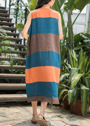 DIY blue striped linen clothes For Women o neck Sleeveless Art summer Dresses - bagstylebliss