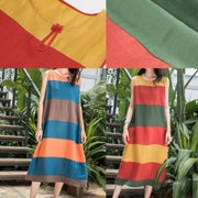 DIY blue striped linen clothes For Women o neck Sleeveless Art summer Dresses - bagstylebliss