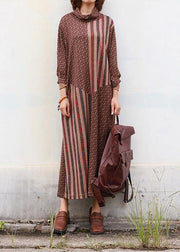 DIY brown cotton clothes high neck Traveling patchwork Dress - bagstylebliss