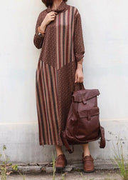 DIY brown cotton clothes high neck Traveling patchwork Dress - bagstylebliss