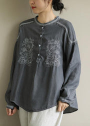 DIY dark gray Shirts o neck embroidery daily shirt - bagstylebliss