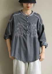 DIY dark gray Shirts o neck embroidery daily shirt - bagstylebliss