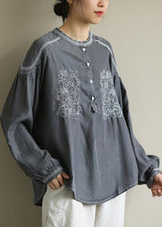 DIY dark gray Shirts o neck embroidery daily shirt - bagstylebliss