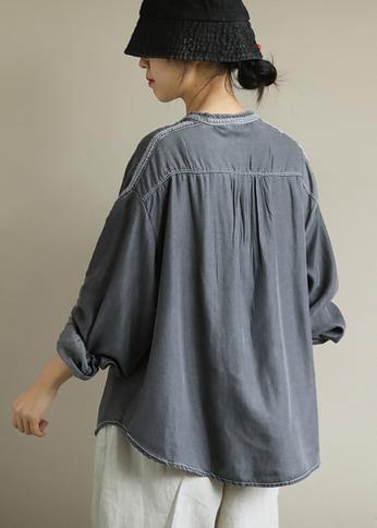 DIY dark gray Shirts o neck embroidery daily shirt - bagstylebliss