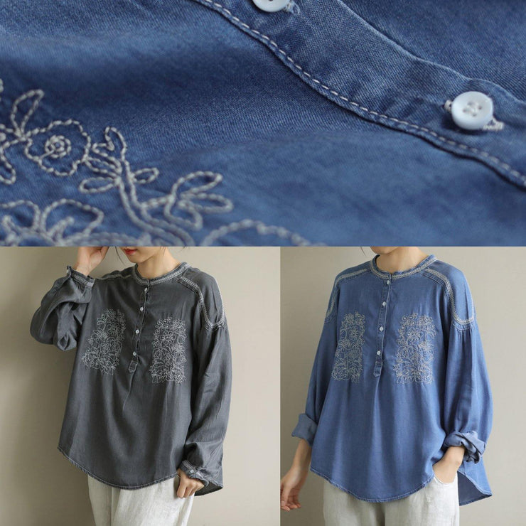 DIY dark gray Shirts o neck embroidery daily shirt - bagstylebliss