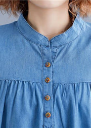 DIY denim blue cotton shirts women stand collar embroidery summer blouse - bagstylebliss