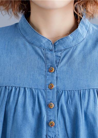 DIY denim blue cotton shirts women stand collar embroidery summer blouse - bagstylebliss