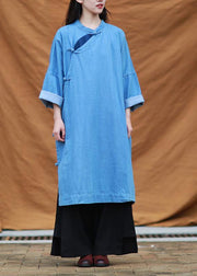 DIY denim blue quilting dresses stand collar patchwork Maxi Dresses - bagstylebliss