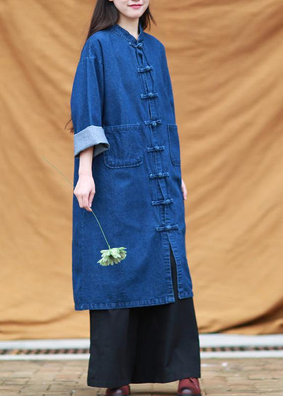 DIY denim blue tunic stand collar pockets Maxi Dress - bagstylebliss