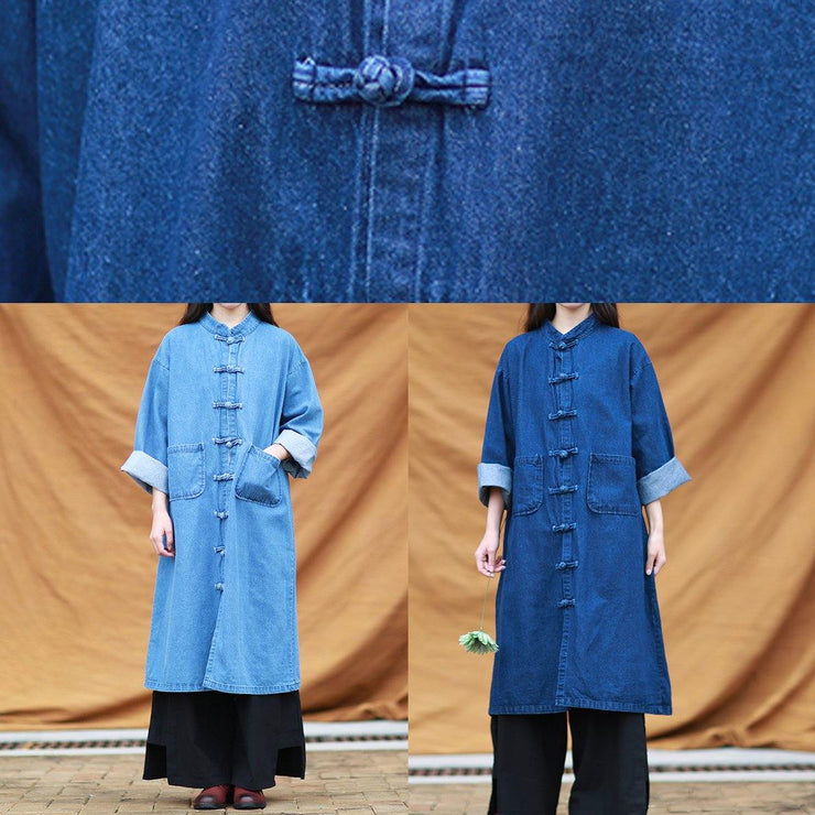 DIY denim blue tunic stand collar pockets Maxi Dress - bagstylebliss