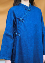DIY denim dark blue quilting dresses stand collar baggy Dresses - bagstylebliss