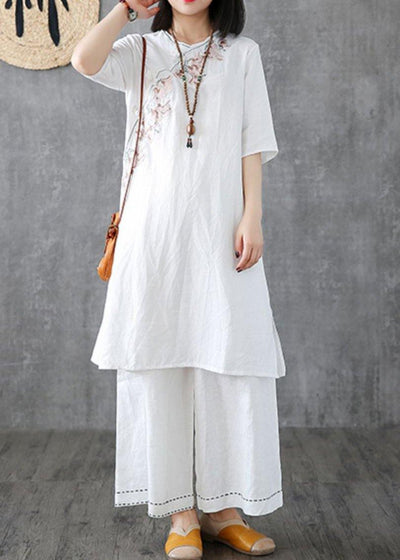 DIY embroidery Chinese Button linen cotton outfit Sleeve white Dresses - bagstylebliss