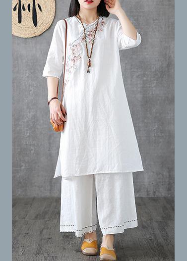 DIY embroidery Chinese Button linen cotton outfit Sleeve white Dresses - bagstylebliss