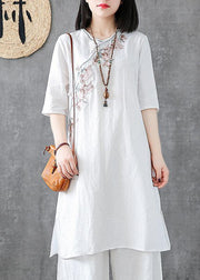 DIY embroidery Chinese Button linen cotton outfit Sleeve white Dresses - bagstylebliss