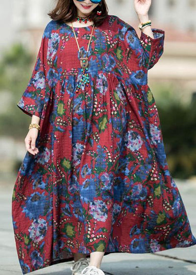 DIY floral cotton linen Robes o neck baggy cotton spring Dresses - bagstylebliss