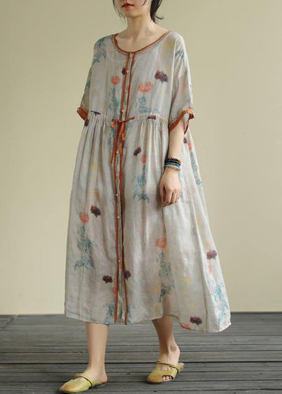 DIY floral linen Long Shirts o neck drawstring Robe summer Dresses - bagstylebliss