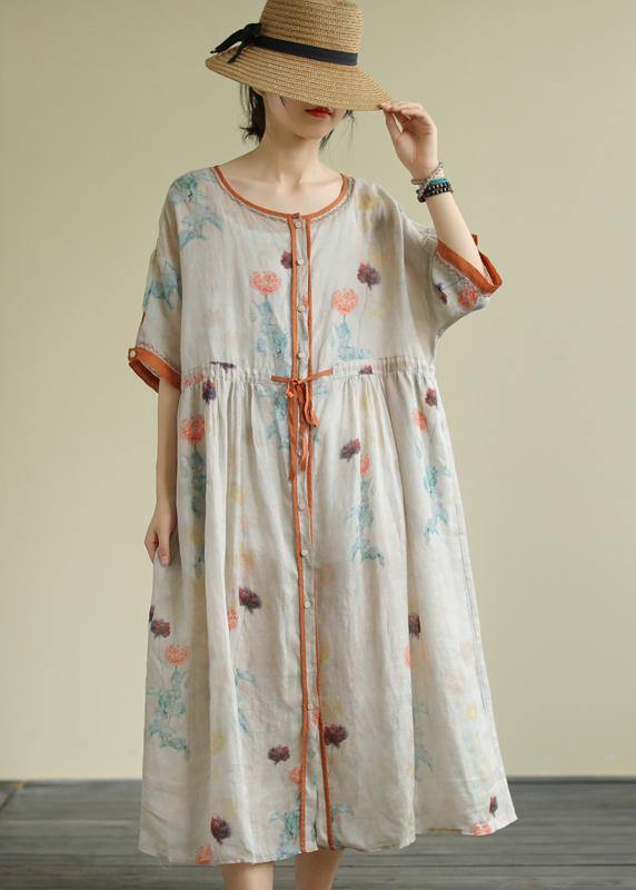 DIY floral linen Long Shirts o neck drawstring Robe summer Dresses - bagstylebliss