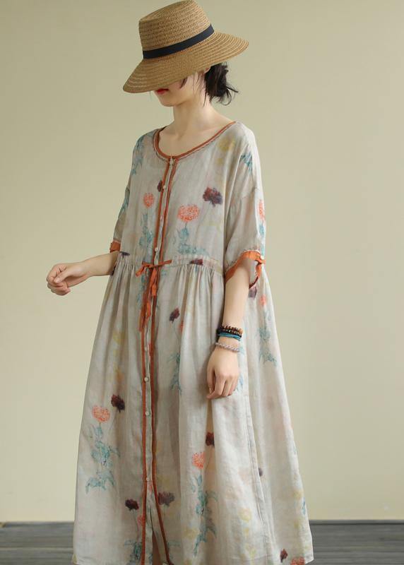 DIY floral linen Long Shirts o neck drawstring Robe summer Dresses - bagstylebliss