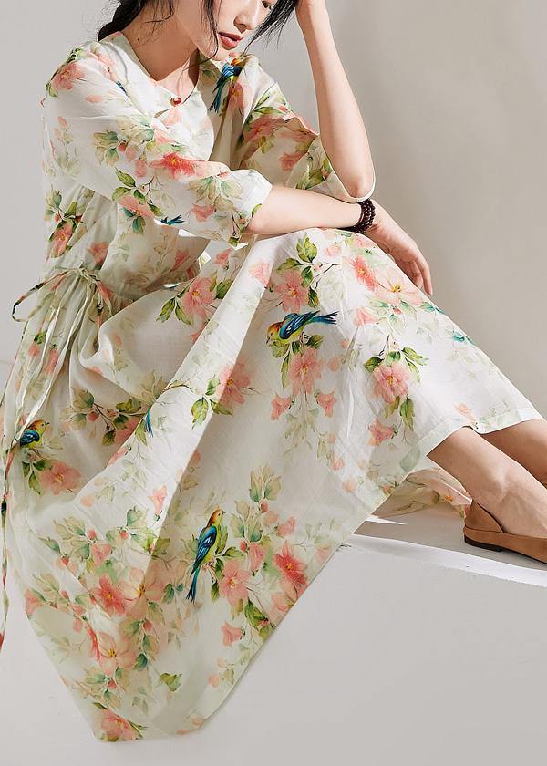 DIY floral linen clothes For Women o neck drawstring cotton Dress - bagstylebliss