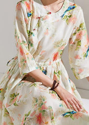 DIY floral linen clothes For Women o neck drawstring cotton Dress - bagstylebliss
