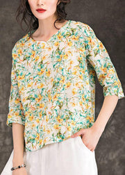 DIY floral linen tunic pattern v neck Half sleeve Dresses summer tops - bagstylebliss
