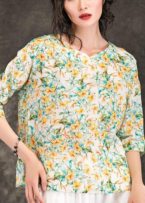 DIY floral linen tunic pattern v neck Half sleeve Dresses summer tops - bagstylebliss