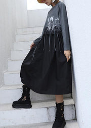 DIY gray cotton quilting dresses patchwork tassel Maxi o neck Dresses - bagstylebliss