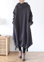 DIY gray cotton tunic pattern hooded asymmetric cotton Dress - bagstylebliss