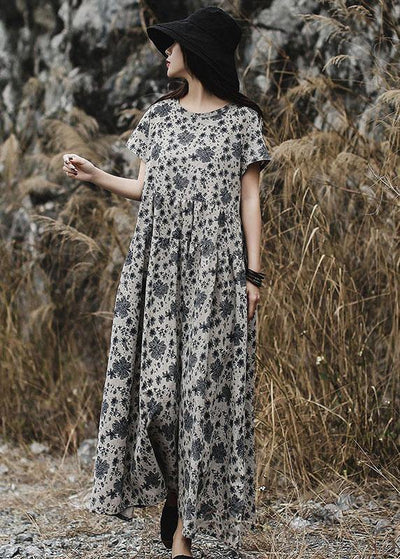 DIY gray prints linen clothes For Women o neck Maxi summer Dress - bagstylebliss