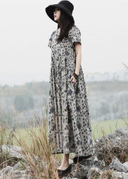 DIY gray prints linen clothes For Women o neck Maxi summer Dress - bagstylebliss