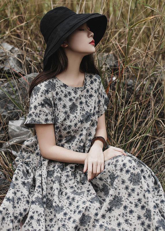 DIY gray prints linen clothes For Women o neck Maxi summer Dress - bagstylebliss