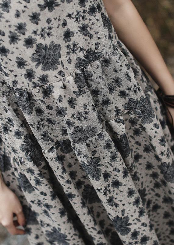 DIY gray prints linen clothes For Women o neck Maxi summer Dress - bagstylebliss