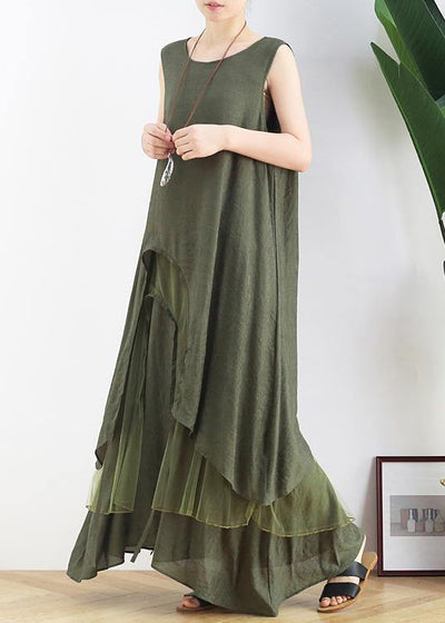 DIY green cotton Tunics o neck asymmetric Robe summer Dresses - bagstylebliss