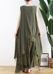 DIY green cotton Tunics o neck asymmetric Robe summer Dresses - bagstylebliss