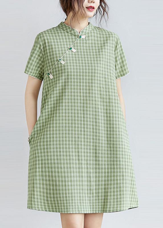 DIY green plaid Cotton clothes Women stand collar pockets oversized Dress - bagstylebliss