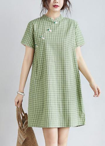 DIY green plaid Cotton clothes Women stand collar pockets oversized Dress - bagstylebliss