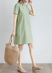 DIY green plaid Cotton clothes Women stand collar pockets oversized Dress - bagstylebliss