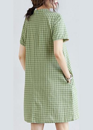 DIY green plaid Cotton clothes Women stand collar pockets oversized Dress - bagstylebliss