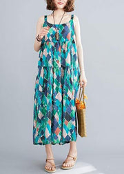DIY green print cotton linen dress Spaghetti Strap patchwork A Line summer Dress - bagstylebliss