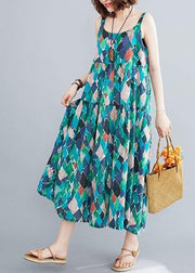 DIY green print cotton linen dress Spaghetti Strap patchwork A Line summer Dress - bagstylebliss