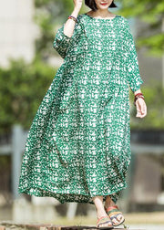 DIY green print linen quilting dresses o neck baggy Maxi summer Dress - bagstylebliss