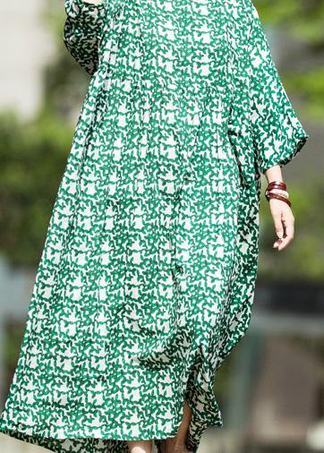 DIY green print linen quilting dresses o neck baggy Maxi summer Dress - bagstylebliss