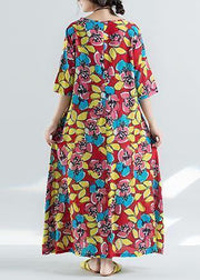 DIY half sleeve cotton Robes linen red floral long Dress sundress - bagstylebliss