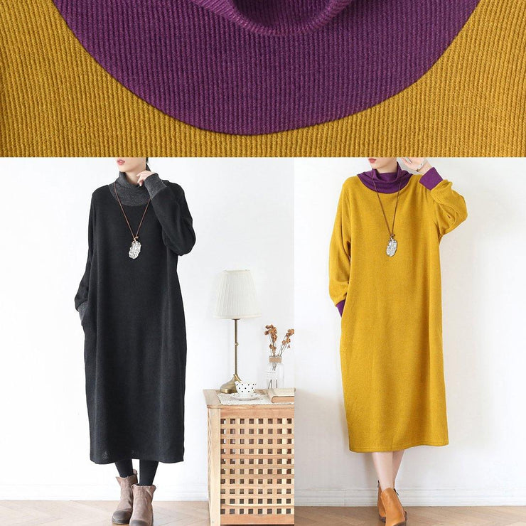 DIY high neck patchwork Tunics Inspiration black loose Dresses - bagstylebliss