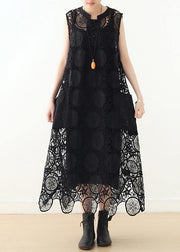 DIY hollow out cotton Long Shirts Runway black sleeveless Art Dress summer - bagstylebliss