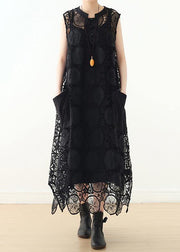 DIY hollow out cotton Long Shirts Runway black sleeveless Art Dress summer - bagstylebliss