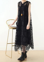 DIY hollow out cotton Long Shirts Runway black sleeveless Art Dress summer - bagstylebliss