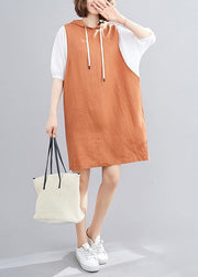 DIY hooded Batwing Sleeve linen cotton dress linen orange Dresses - bagstylebliss