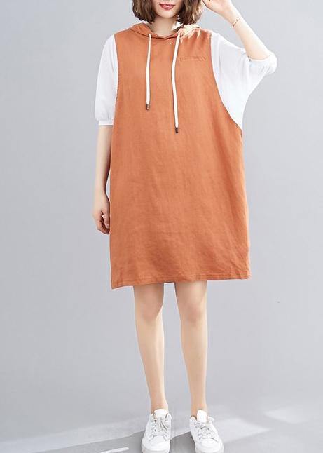 DIY hooded Batwing Sleeve linen cotton dress linen orange Dresses - bagstylebliss