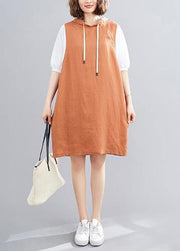 DIY hooded Batwing Sleeve linen cotton dress linen orange Dresses - bagstylebliss